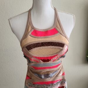 Herve Leger Beige Halter Mini Dress with Neon Pink & Multi-Stripe Accents
